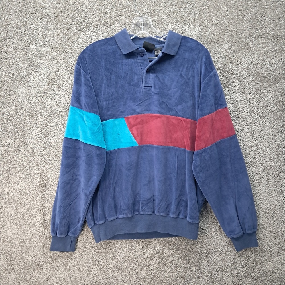 Robert Bruce Mens Vintage Velour Colorblock Polo Sweatshirt Navy Blue Large